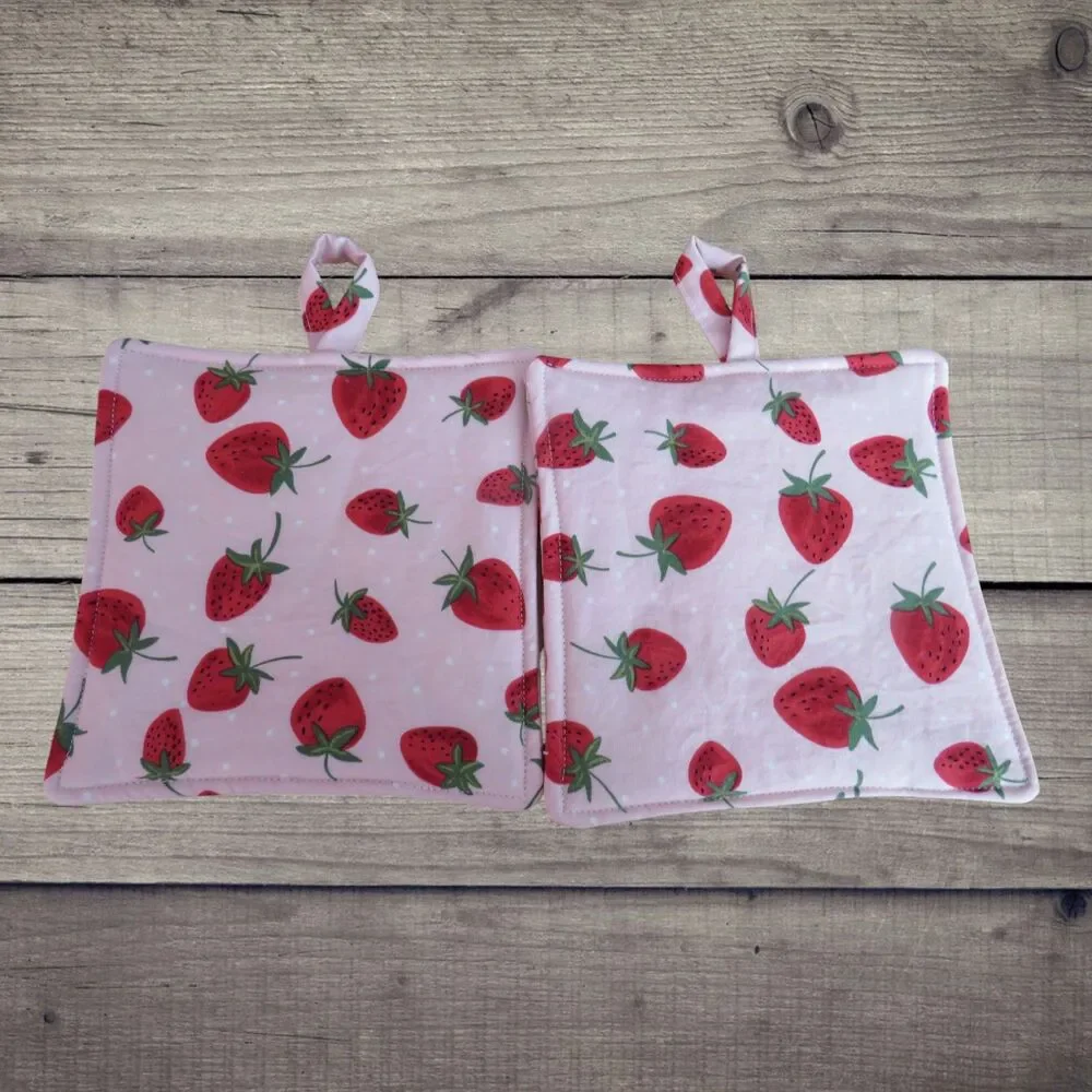 Handmade Potholder, Strawberry Hot Pad, Set of 2